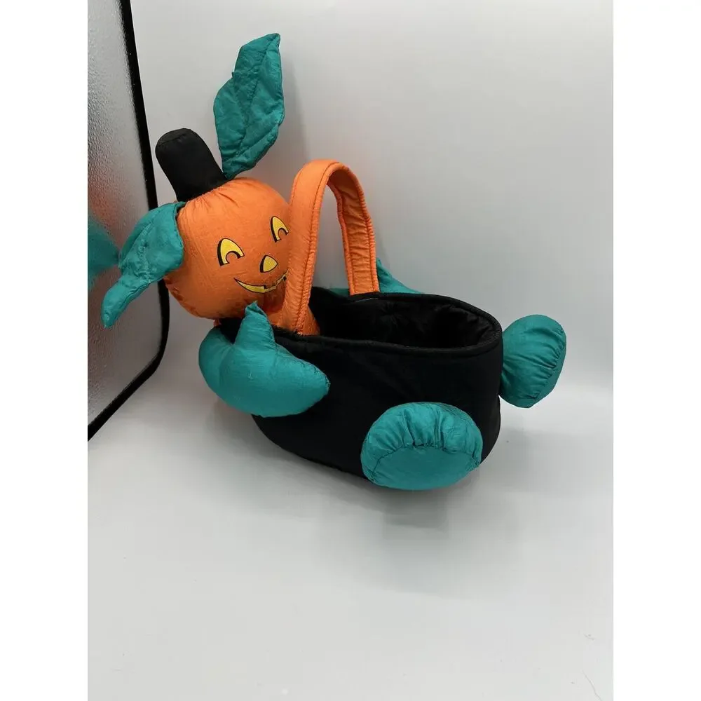 Vintage Halloween Pumpkin Head Plush Candy Basket Trick or Treat Decoration